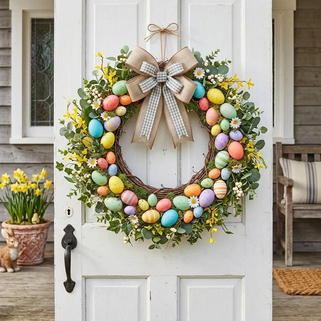 Bright spring farmhouse Easter egg wreath on a front door